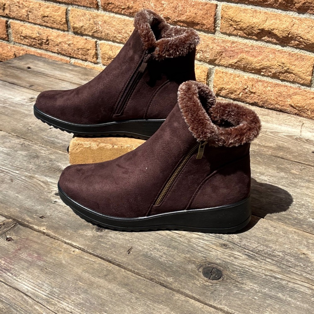 Flexus by Spring Step Faux Fur Ankle Boots Brown Wedge 8 Winter Cozy Suede